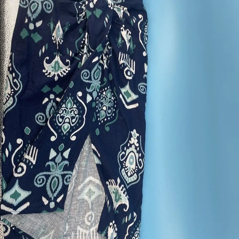 G By Giuliana Skirt Womens Sz 0 Faux Sarong‎ Blue Midi Linen Blend Coastal Beach